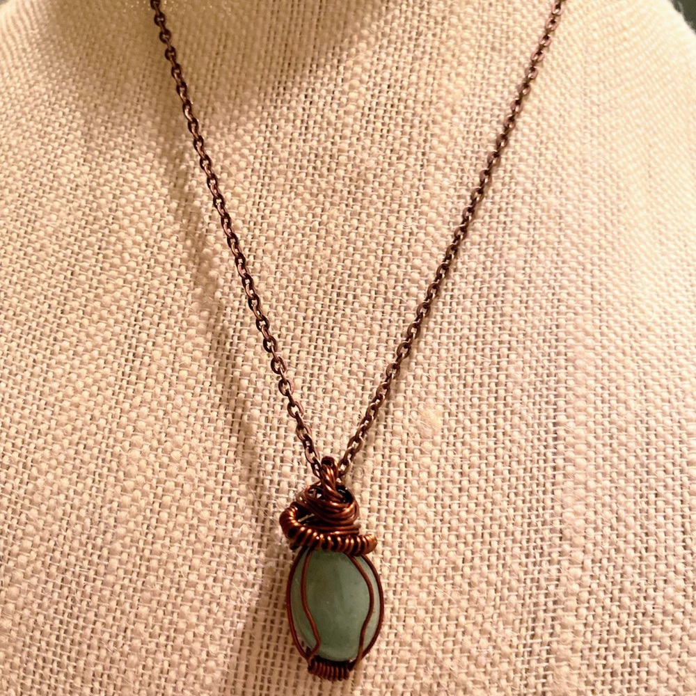 Green aventurine gemstone wirewrapped pendant necklace